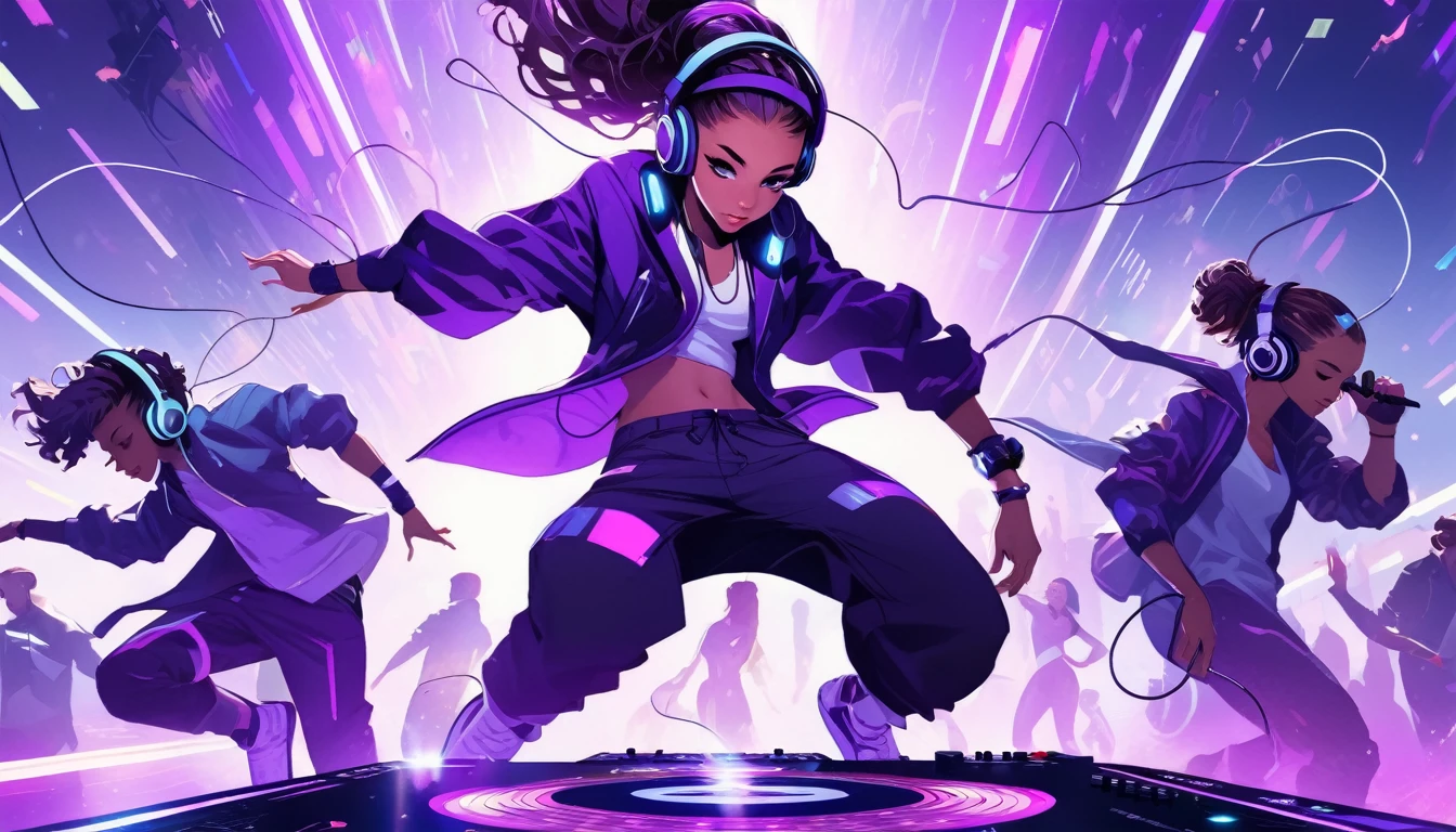 dancing four, young, dj just playing music, earbuds, futuristic imzgem, purple color, it&#39;s red, people the same game