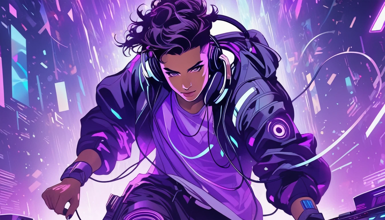 dancing four, young, dj just playing music, earbuds, futuristic imzgem, purple color, it's red, people the same game