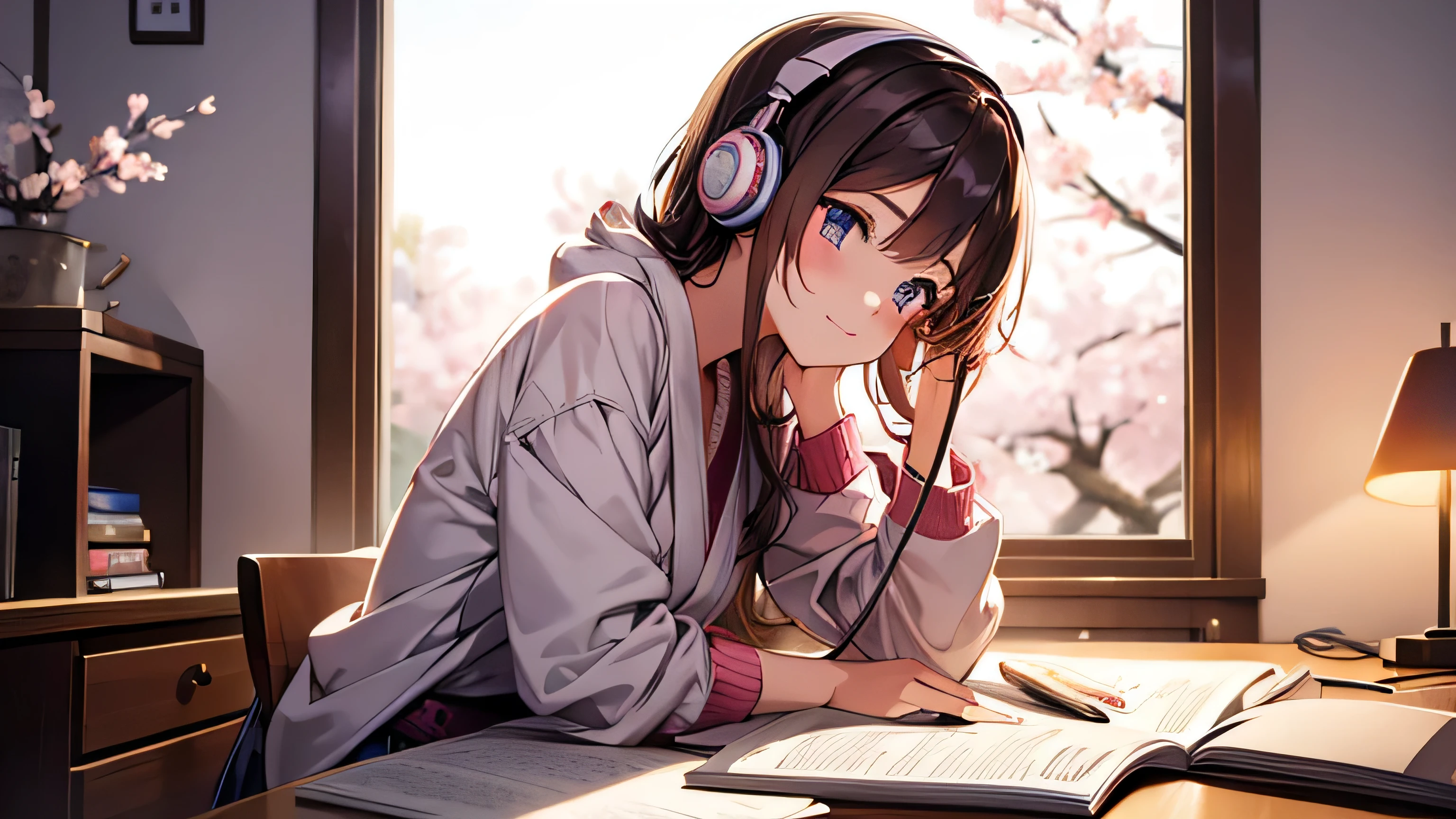 Beautiful girl studying in her room while listening to music with headphones Warm lighting Outside the room, cherry blossoms are blooming Japanese anime style