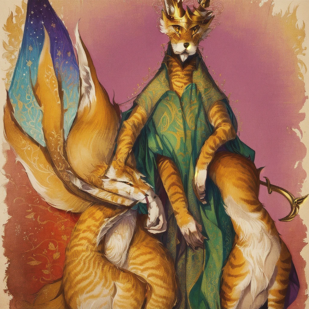 drawing of a cat with a crown on its head, an anthropo fox, inspired by Leonor Fini, young male den dragon, drawn on paper, an anthropo cat, inspired by Pisanello, an anthropomorphic fox, inspired by Jacques Callot, furry character, anthropomorphic fox, inspired by George Baselitz