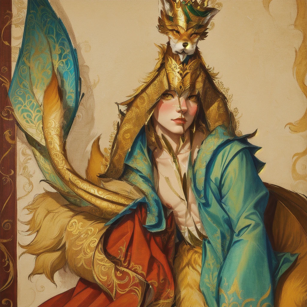 drawing of a cat with a crown on its head, an anthropo fox, inspired by Leonor Fini, young male den dragon, drawn on paper, an anthropo cat, inspired by Pisanello, an anthropomorphic fox, inspired by Jacques Callot, furry character, anthropomorphic fox, inspired by George Baselitz