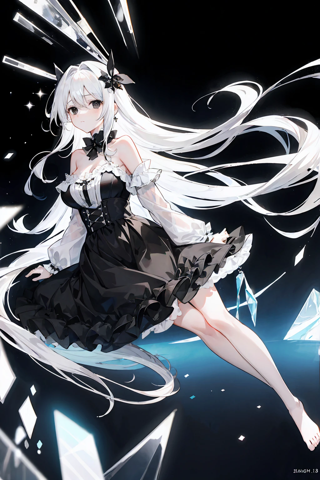 Light Gradient Hair,Asymmetrical hair,（（Thick hair 1.8，Clear head outline 1.6））， Shoulder-length hair, Messy hair, Very long hair, Shiny hair，(Long white hair:1.2),A beautiful girl，（Luxury Platinum Mini Lolita，Made of transparent material），（Transparent clothes transparent 1.8），Perfect body，High，Slender，(Looks sad，Looks haggard、Looks haggard、Pale nipples ，Grief，shut your mouth：1.2） Against the background of an unusually bright dark starry sky，stand up（Put your hands behind you），（round,  Large target, Firm breasts），barefoot，float，water surface，（Long Law，Long Law，Long Law，Complete），Full body image，(Black eyes:1.5)