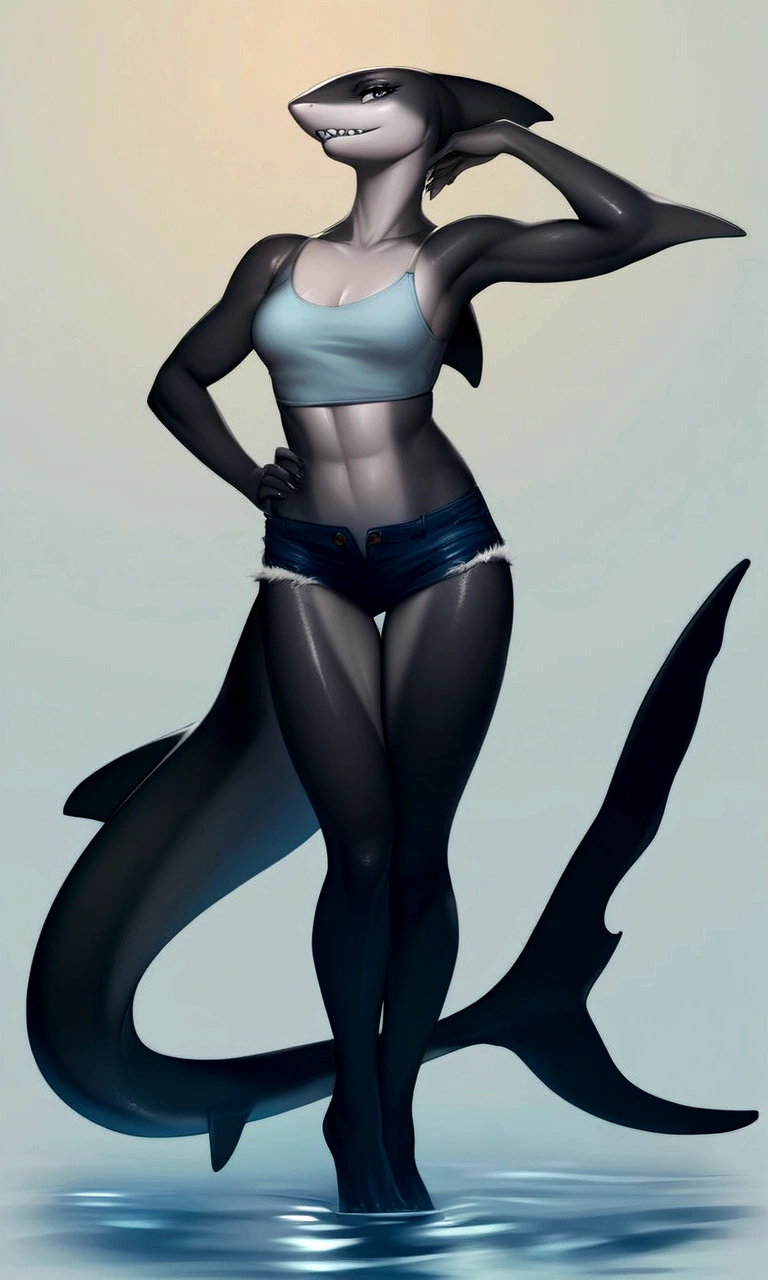 score_9, score_8_up,score_7_up,source_furry, source_ anime, human,anthro, 1girl, solo, beautiful_and_delicate, human, anthro, anthromorph, anthro-shark, anime_girl, glossy_skin, White_skin, shark_tail, sharp_teeth, Black_crop_top, blue_jean_shorts, water_theme, cowboy_shot, full body view