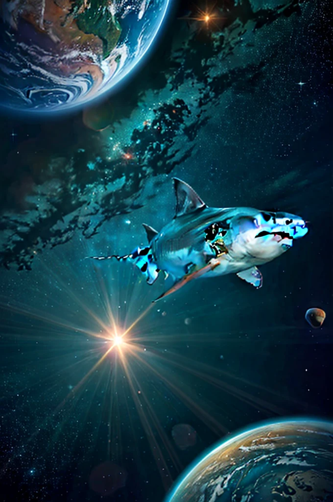 A shark swims among colorful planets and stars. Bright gas giants and rocky planets in the background. Nebulae and star clusters illuminate the scene. Realistic style with science fiction elements.