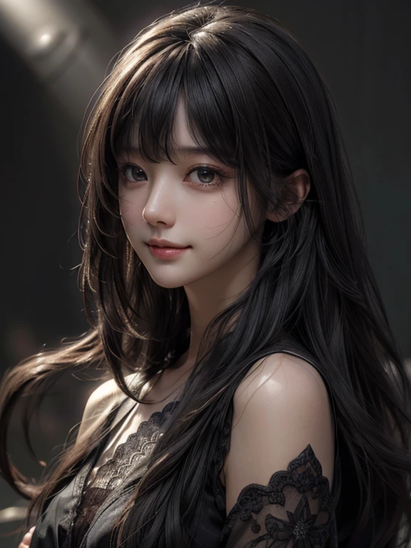 (Ultra Realistic), (Illustration), (Increased Resolution), (8K), (Extremely Detailed), (Best Illustration), (Beautiful and Detailed Eyes), (Best Quality), (Ultra Detailed), (Masterpiece ), ( wallpaper), (detailed face), solo, 1 girl, looking at viewer, fine details, detailed face, in the dark, deep shadows, low key, pureerosfaceace_v1, smiling, long hair, black shawl straight hair , 46 points oblique bangs