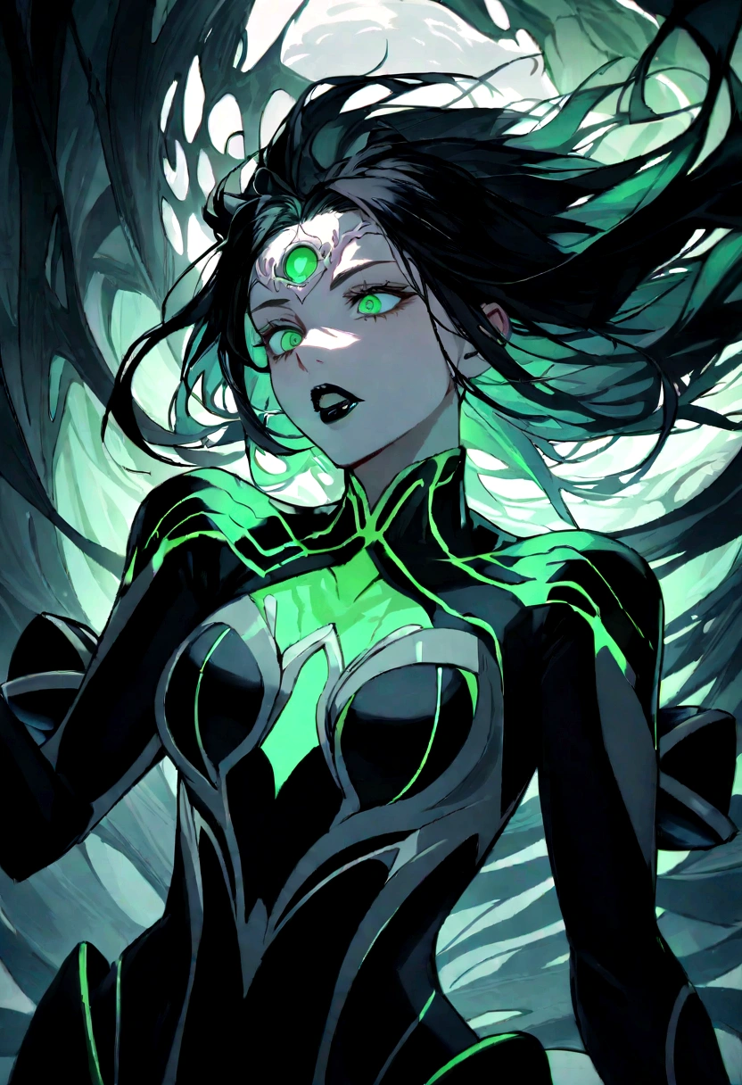 an corrupeted deep ocean nymph her skin is grey pale, green spectral eyes, long dark hair, black lips and sharp teeth. there's a bilogical flashlight in her forehead. she wear a nautilus suit and she carries an anchor with her.