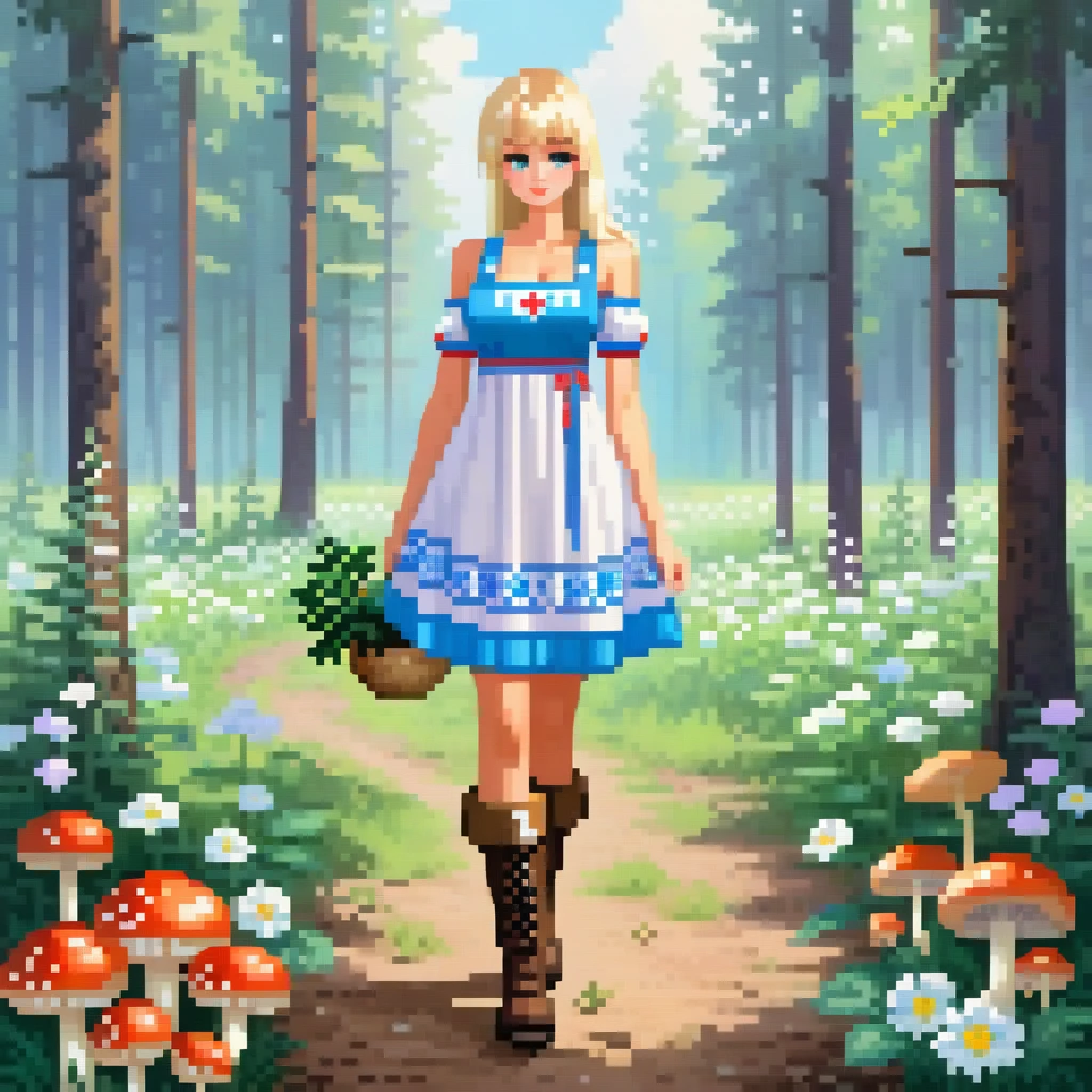 Russian girl blonde, years 23, Busty, Long neckline, in a patch on the shoulders with flowers, in a dress and boots, in his hands is a onion, collects mushrooms, Against the background of the Russian forest, summer