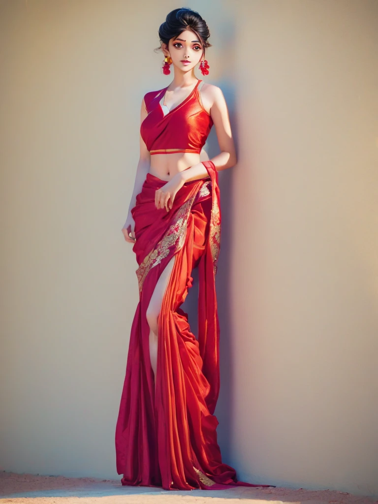 girl from kerala india, wearing red saree, magalsutra on her neck, full body shot, webtoon art style