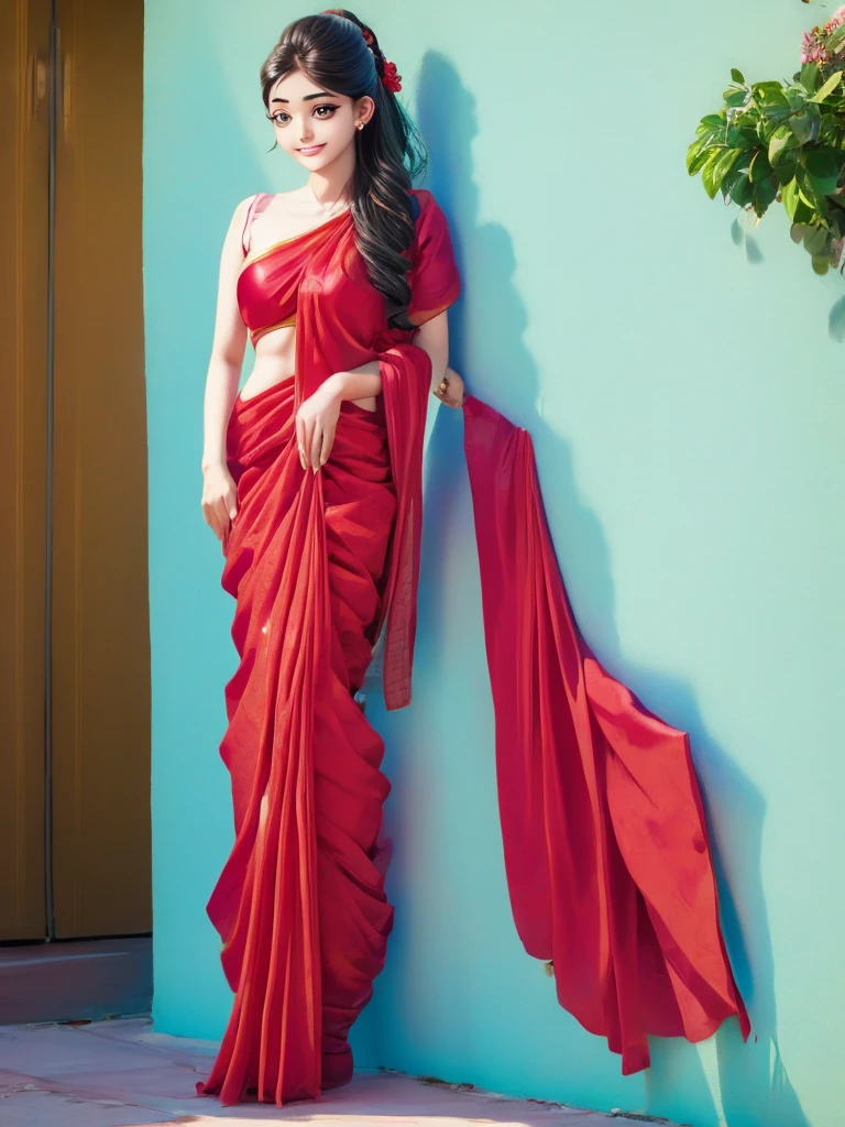 girl from kerala india, wearing red saree, magalsutra on her neck, full body shot, webtoon art style