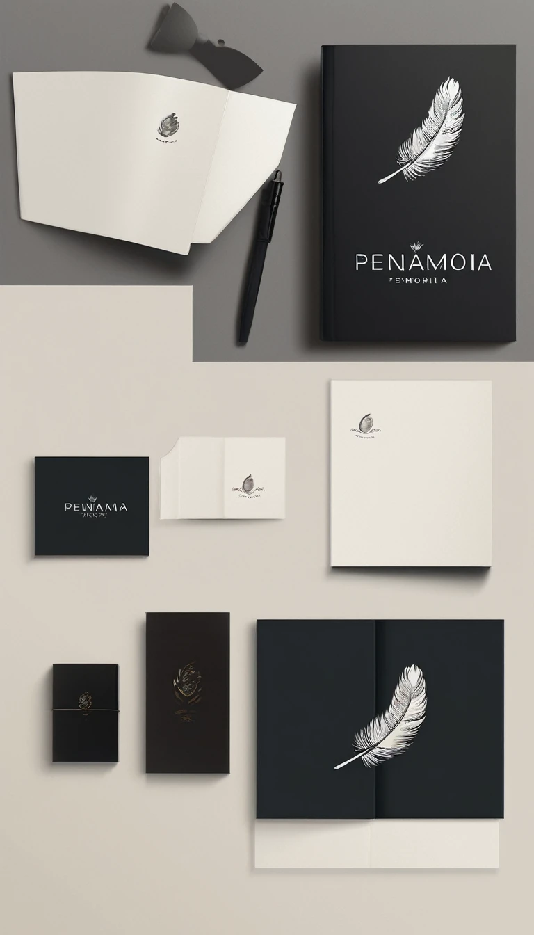 A minimal, modern, simple, cinematic logotype for the brand “Penamemoria". The logotype must be a simple, magical feather and a boy playing acoustic guitar. The logo must convey a sense of music, stories and dreams. Logo design impressed on a book cover. Minimalistic logo