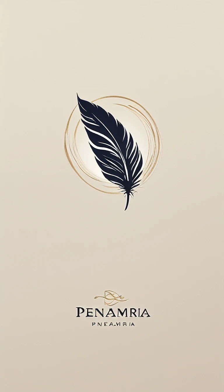 A minimal, modern, simple, cinematic logotype for the brand “Penamemoria". The logotype must be a simple, magical feather and a boy playing acoustic guitar. The logo must convey a sense of music, stories and dreams. Logo design impressed on a book cover. Minimalistic logo