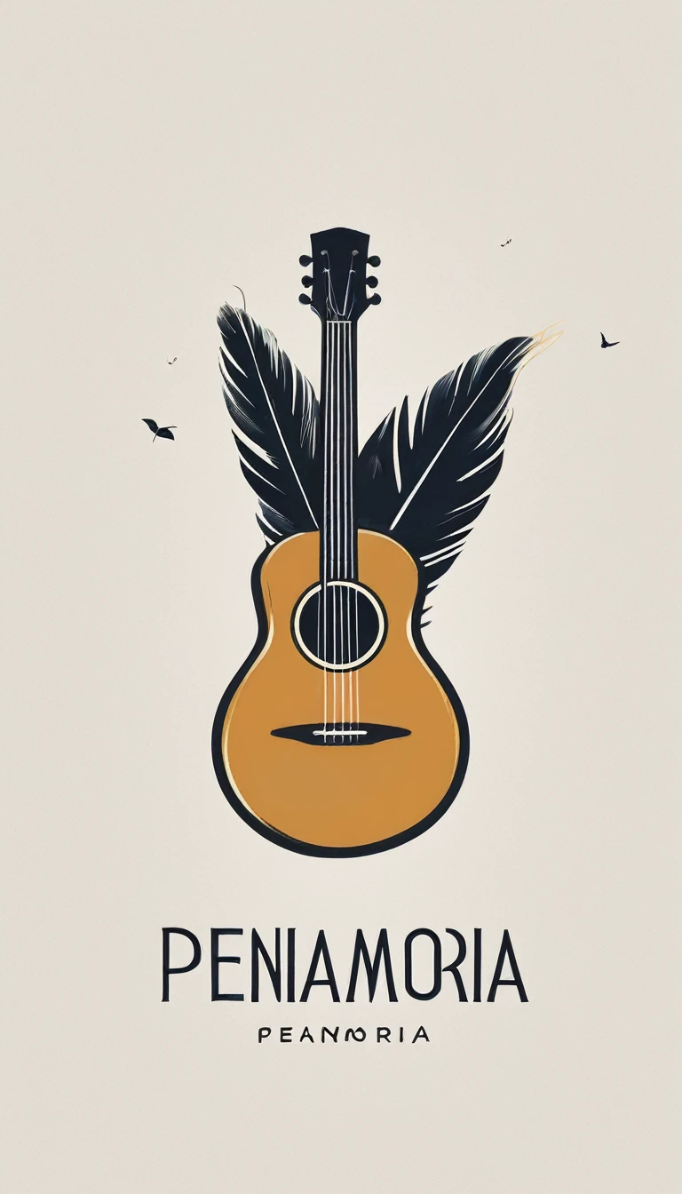 A minimal, modern, simple, cinematic logotype for the brand “Penamemoria". The logotype must be a simple, magical feather and a boy playing acoustic guitar. The logo must convey a sense of music, stories and dreams. Logo design impressed on a book cover. Minimalistic logo