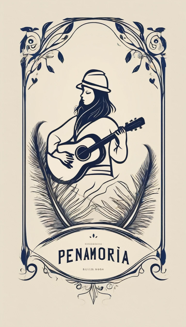 A minimal, modern, simple, cinematic logotype for the brand “Penamemoria". The logotype must be a simple, magical feather and a boy playing acoustic guitar. The logo must convey a sense of music, stories and dreams. Logo design impressed on a book cover. Minimalistic logo