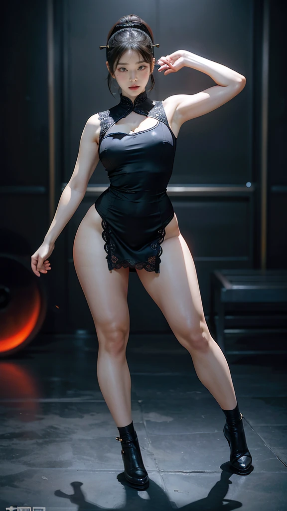 Chun-Li, wide hips, attractive, long legs, beautiful eyes, Beautiful whole body, small breasts, short lace dress, tempting, Abs, Plump body shape, thick calves, thick thighs, black hair, red eyes, black stockings