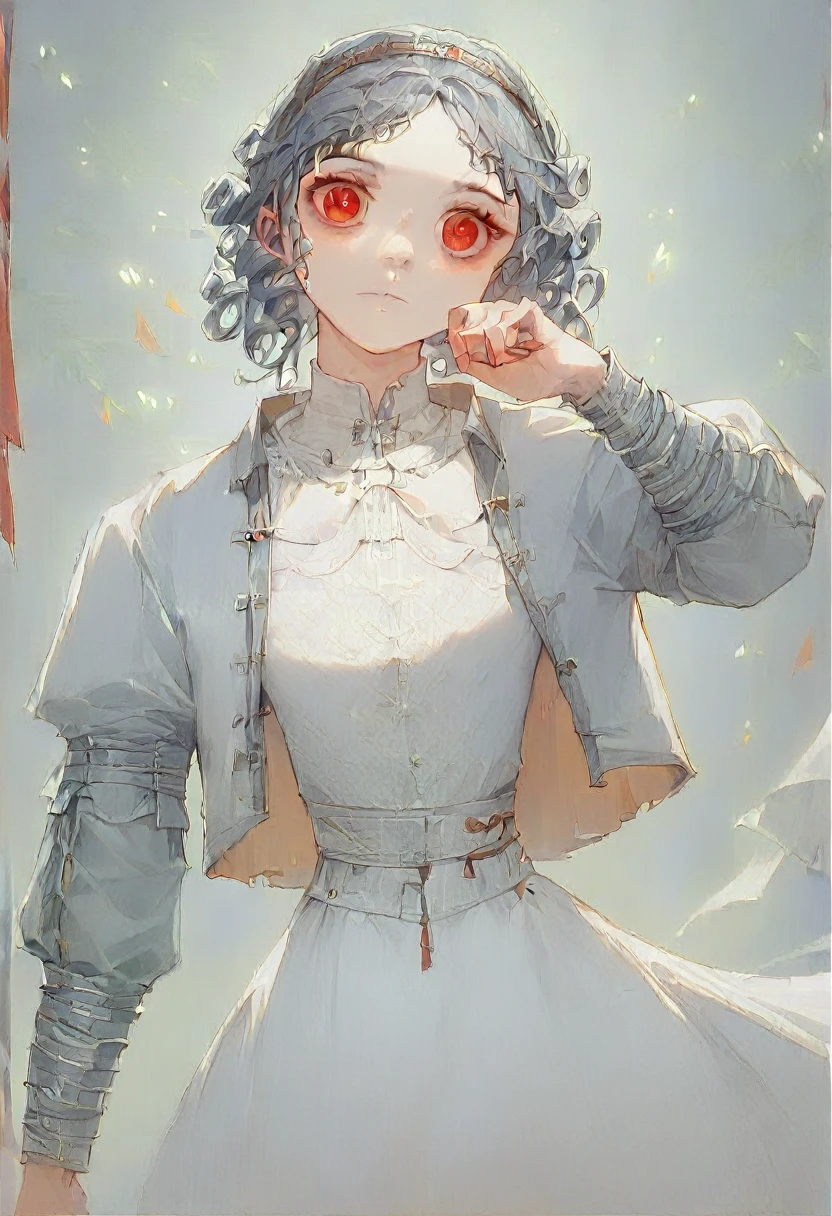 (Masterpiece) best quality, (((perfect eyes, perfect face))), 1girl (((from medieval times with a sexy body))), (((white dress))), (((short black jacket))), hairband, (((very short grey hai with curly at the end))), red eyes, slim body, (((porn pose))), (((NSFW))), (((man is teasing girl from behind by rubbing his penis on her pussy))), ((((sex from behind)))