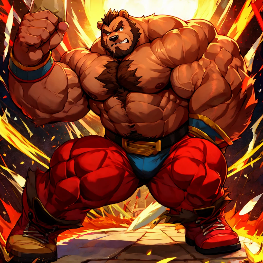 zangief,a bear with a beard and a golden belt, fighting game character, street fighter 5,muscled humanoid bear,heavy looking,buff bear,wrestler,Red short briefs,capcom,street fighter,shirtless,muscular male,chest hair,visually weighty,bearded bear, brown fur,mohawk hair,red and yellow wristband,Red Wrestling Boots ((best quality)), ((masterpiece)), (detailed), perfect face