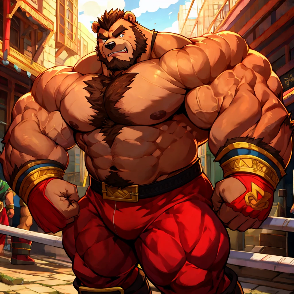 zangief,a bear with a beard and a golden belt, fighting game character, street fighter 5,muscled humanoid bear,heavy looking,buff bear,wrestler,Red short briefs,capcom,street fighter,shirtless,muscular male,chest hair,visually weighty,bearded bear, brown fur,mohawk hair,red and yellow wristband,Red Wrestling Boots ((best quality)), ((masterpiece)), (detailed), perfect face