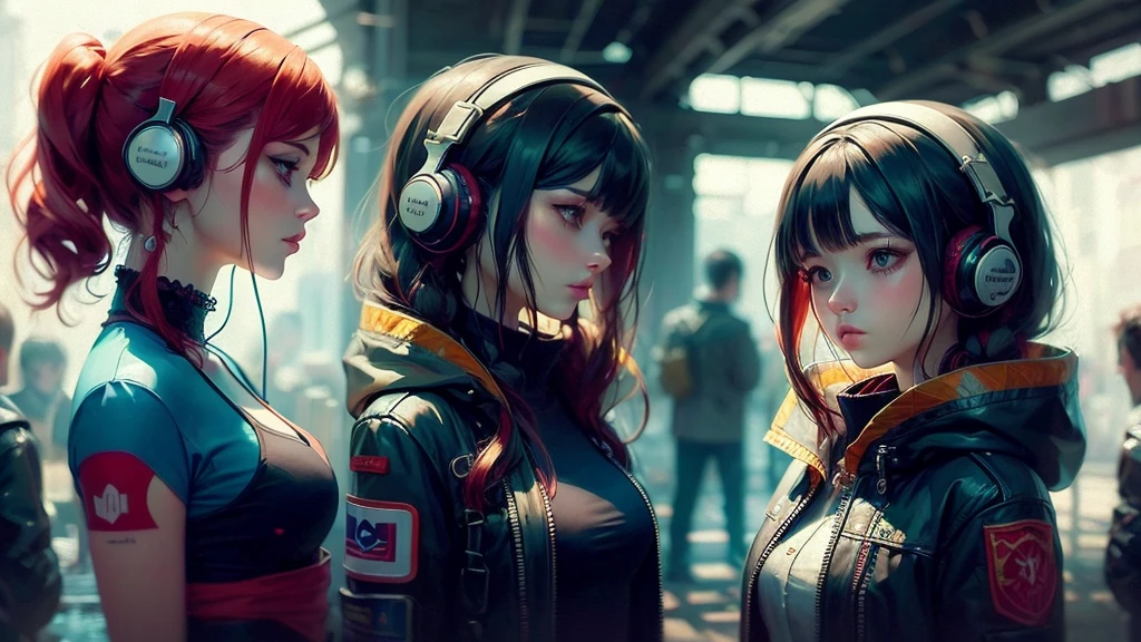 Three different colorful anime girls with headphones and hair, model iG | artegerm, artegerm style, artegerm style, artegerm style, artegerm extremamente detalhado, Trend in CGTacing:, no artegerm style, digital cyberpunk anime art, ross tran style, artgerm trends, artegerm. high détail