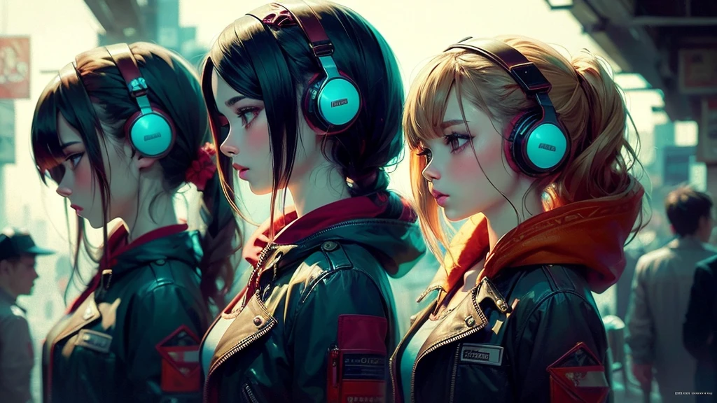 Three different colorful anime girls with headphones and hair, model iG | artegerm, artegerm style, artegerm style, artegerm style, artegerm extremamente detalhado, Trend in CGTacing:, no artegerm style, digital cyberpunk anime art, ross tran style, artgerm trends, artegerm. high détail 