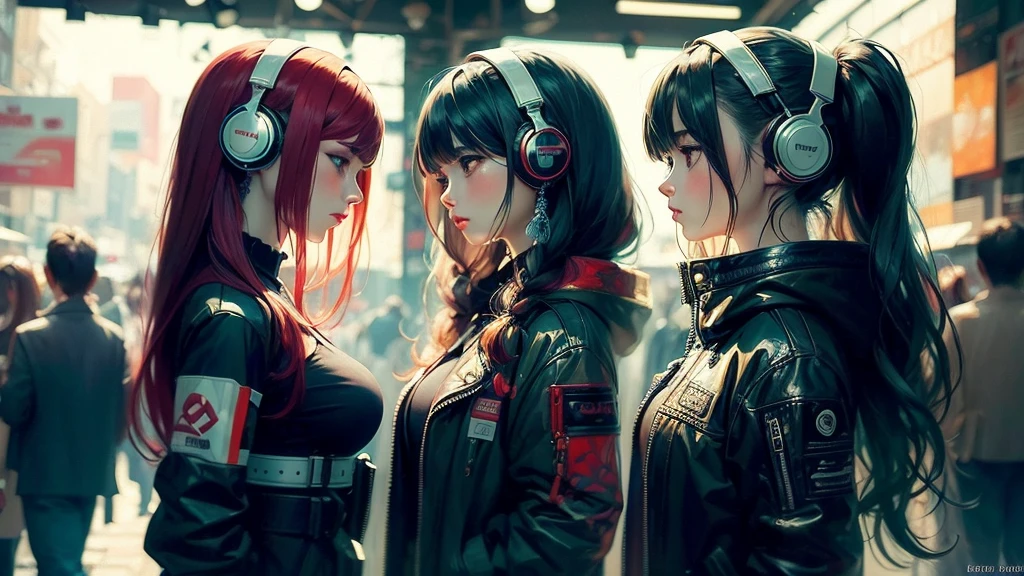 Three different colorful anime girls with headphones and hair, model iG | artegerm, artegerm style, artegerm style, artegerm style, artegerm extremamente detalhado, Trend in CGTacing:, no artegerm style, digital cyberpunk anime art, ross tran style, artgerm trends, artegerm. high détail 