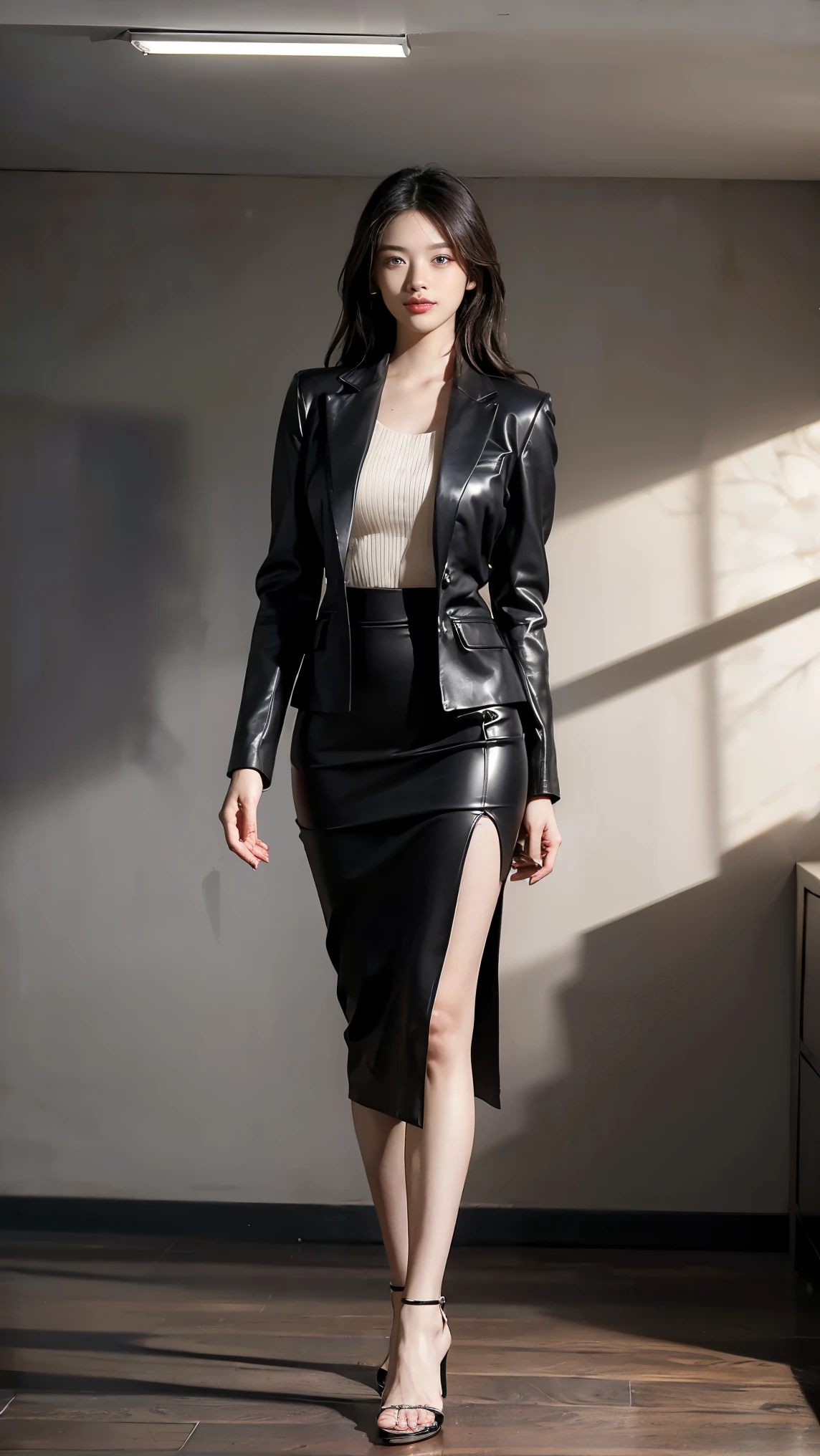 (best quality,4k,8k,highres,masterpiece:1.2),ultra-detailed,(realistic,photorealistic,photo-realistic:1.37),female CEO,red velvet blazer,short fit black pencil skirt,confident gaze,seductive smile,luxurious office,modern interior design,elegant hairstyle,well-manicured nails,high heels,immaculate makeup,expensive accessories,dominant posture,natural sunlight,city skyline view,powerful aura,vibrant red colors,sleek architecture,sharp focus on details,professional ambiance,successful businesswoman,sophisticated elegance,commanding presence,crafted wooden desk,leather chair,impressive artwork hanging on the wall,impeccable fashion sense,meticulously arranged files,steel and glass structure,reflection on glossy surfaces,gleaming silver accents,subtle shadow play,graceful movements,confidently walking,aura of mystery,empowered woman,limitless potential,breathtaking confidence,inspiring success,worldly achievement,unyielding determination,luxury lifestyle,entrepreneurial spirit,extraordinary vision, ((intricate detail)), super finely detailed hands, ultra finely detailed fingers(((ten fingers))), (standing still with confidently), (full body showcase), (show full body), (no logos on background), (no logo), ((plain background)), ((plain background)), (((empty background))).
