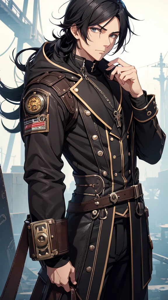 Bblack hair, アニメ, white male, medium height, steampunk rivet, neither thin nor fat, adventurer's clothes with blue details, black scalp, black eye, 19yearsold, sem beard, No meio da floresta