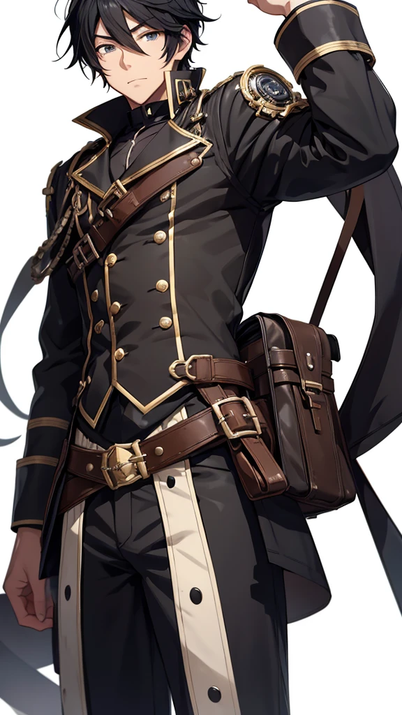 
Bblack hair, アニメ, white male, medium height, steampunk rivet, neither thin nor fat, adventurer&#39;s clothes with blue details, black scalp, black eye, 19yearsold, sem beard, No meio da floresta
