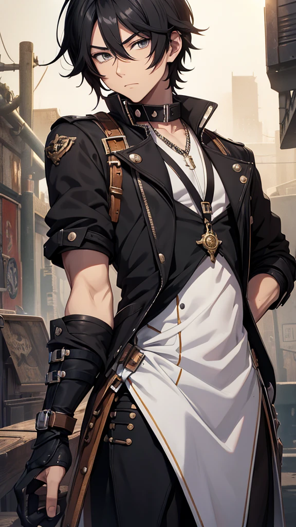Bblack hair, アニメ, white male, medium height, steampunk rivet, neither thin nor fat, adventurer's clothes with blue details, black scalp, black eye, 19yearsold, sem beard, No meio da floresta