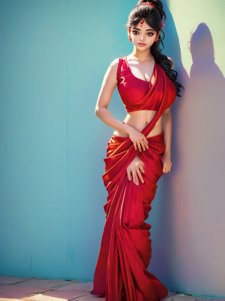 girl from kerala india, wearing red saree, magalsutra on her neck, full body shot, webtoon art style