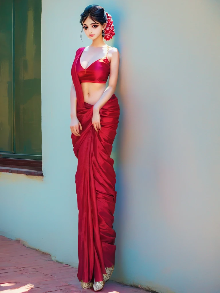 girl from kerala india, wearing red saree, magalsutra on her neck, full body shot, webtoon art style