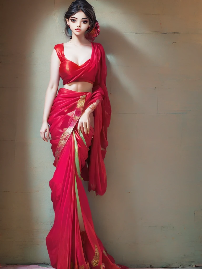 girl from kerala india, wearing red saree, magalsutra on her neck, full body shot, webtoon art style