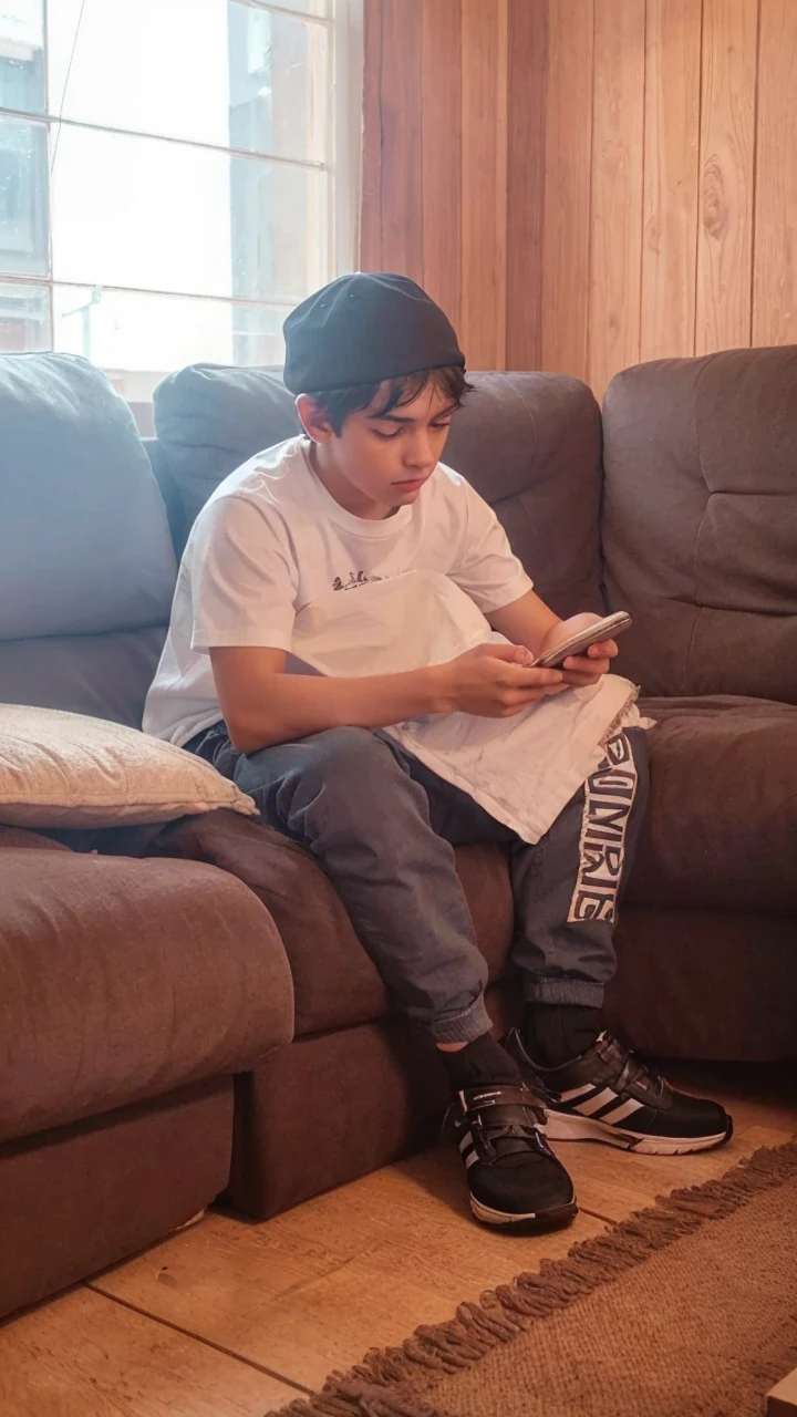 A black haired boy with white t shirt in a serious expression watching the cellphone, photo 4k realisitic,  is wearing a irish hat, tall hat, with a buckle on it, a gold buckle