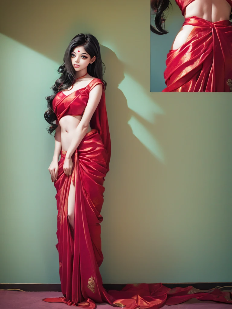 girl from kerala india, wearing red saree, magalsutra on her neck, full body shot, webtoon art style
