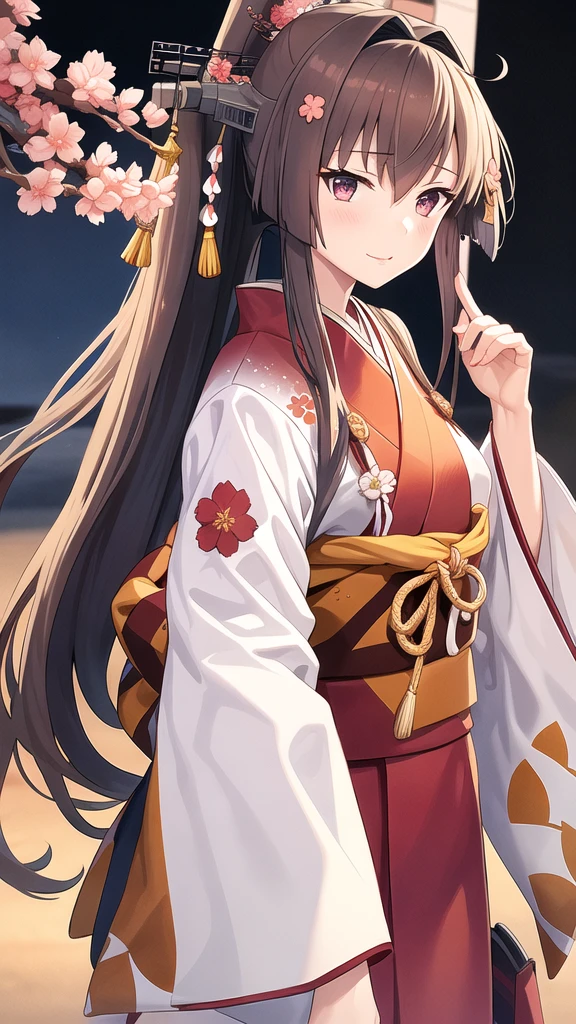 hanafuda \(yys\), hanafuda, 1girl, solo,
 yamato_\(kancolle\), 
(newyear_costume), japanese_clothes, kimono, long_sleeves, wide_sleeves, obi, headgear, long hair, kimono, sash, floral print, winking eyes