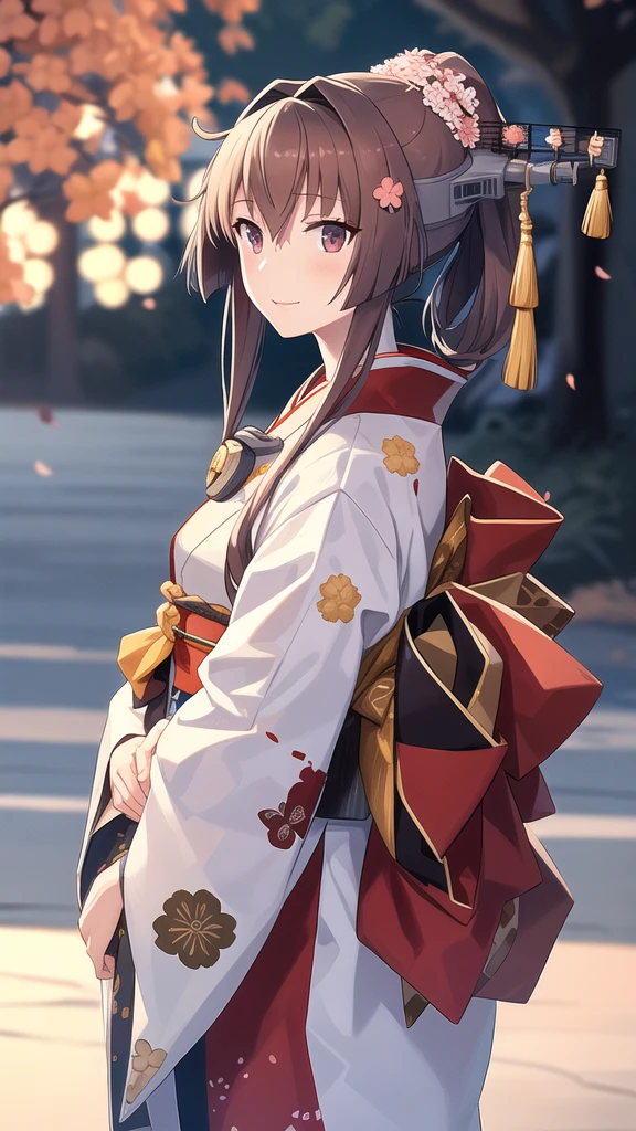 hanafuda \(yys\), hanafuda, 1girl, solo,
 yamato_\(kancolle\), 
(newyear_costume), japanese_clothes, kimono, long_sleeves, wide_sleeves, obi, headgear, long hair, kimono, sash, floral print, winking eyes