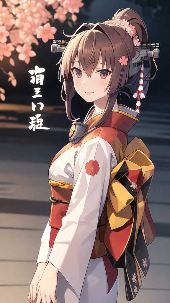 hanafuda \(yys\), hanafuda, 1girl, solo,
 yamato_\(kancolle\), 
(newyear_costume), japanese_clothes, kimono, long_sleeves, wide_sleeves, obi, headgear, long hair, kimono, sash, floral print, winking eyes