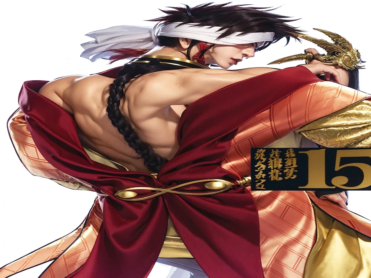 A man in a red robe is holding a sword in his hand. He is depicted in an anime-style artwork, with intricate detailing on his outfit. The man''s hand is gripping the sword firmly, suggesting a sense of readiness or determination. The image focuses on the back of the man, showcasing the flowing red cape and the sword he wields. The color palette of the artwork consists of earthy tones like brown and beige, with a pop of red for the robe. The overall composition conveys a sense of mystery and power, enhancing the character''s aura.