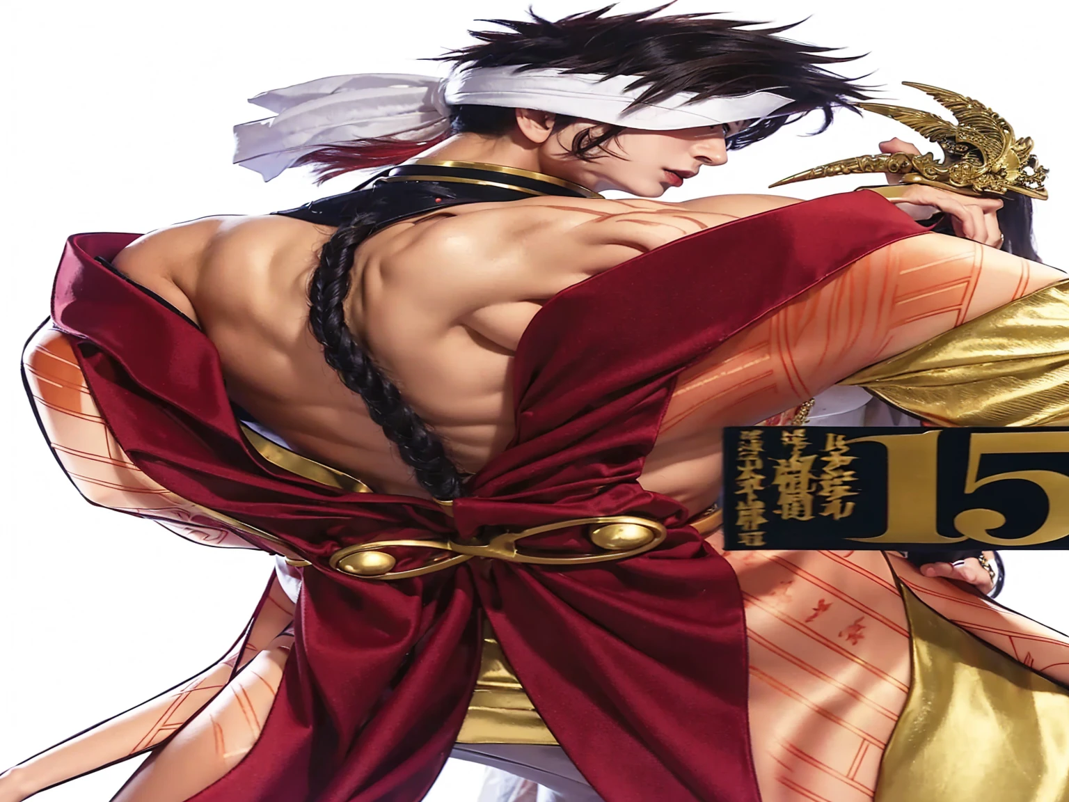 A man in a red robe is holding a sword in his hand. He is depicted in an anime-style artwork, with intricate detailing on his outfit. The man''s hand is gripping the sword firmly, suggesting a sense of readiness or determination. The image focuses on the back of the man, showcasing the flowing red cape and the sword he wields. The color palette of the artwork consists of earthy tones like brown and beige, with a pop of red for the robe. The overall composition conveys a sense of mystery and power, enhancing the character''s aura.