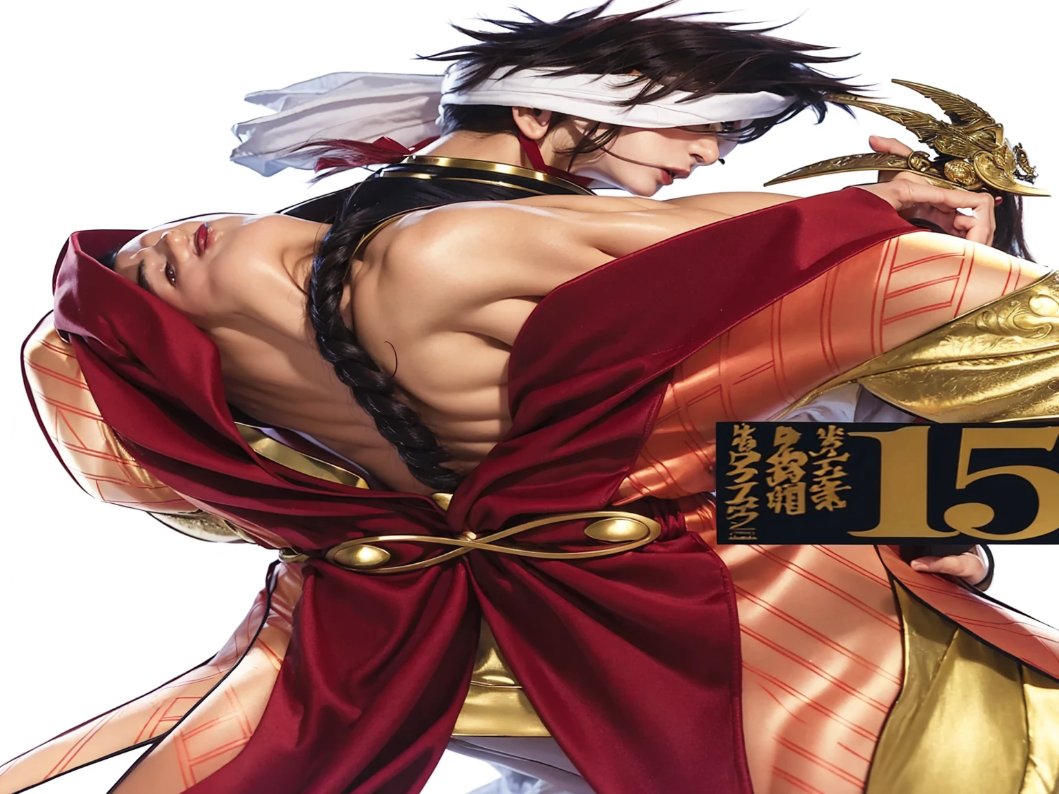 A man in a red robe is holding a sword in his hand. He is depicted in an anime-style artwork, with intricate detailing on his outfit. The man''s hand is gripping the sword firmly, suggesting a sense of readiness or determination. The image focuses on the back of the man, showcasing the flowing red cape and the sword he wields. The color palette of the artwork consists of earthy tones like brown and beige, with a pop of red for the robe. The overall composition conveys a sense of mystery and power, enhancing the character''s aura.