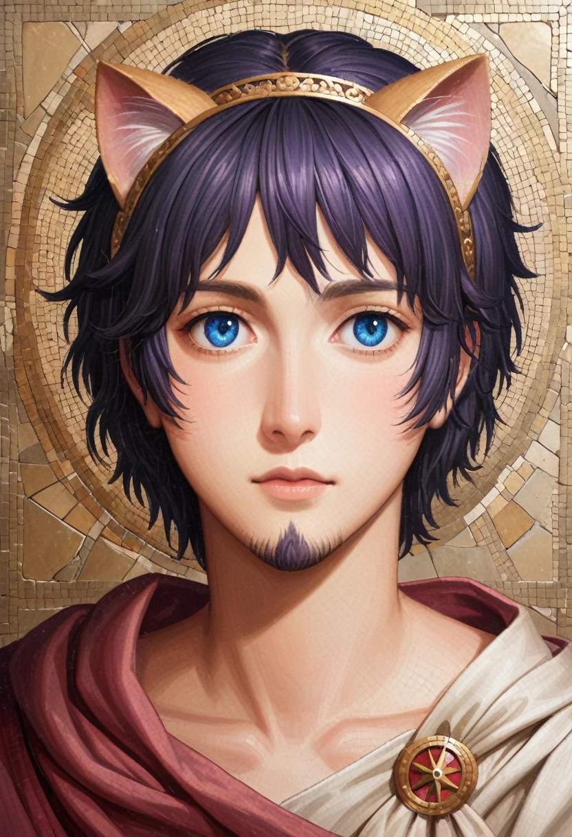 detailed illustration, dynamic angle, ultra-detailed, illustration, clean line art, shading, anime, detailed eyes, detailed face, beautiful face, dramatic lighting, detailed illustration, dynamic angle, ultra-detailed, illustration, masterpiece, masterwork, beautiful, blue eyes, whole body shot
Neko, cat boy, dressed in purple silk robes, gold leaf inlay mosaic, Byzantine mosaic, has a beard, cat ears, cat tail, cat eyes, Byzantine monk