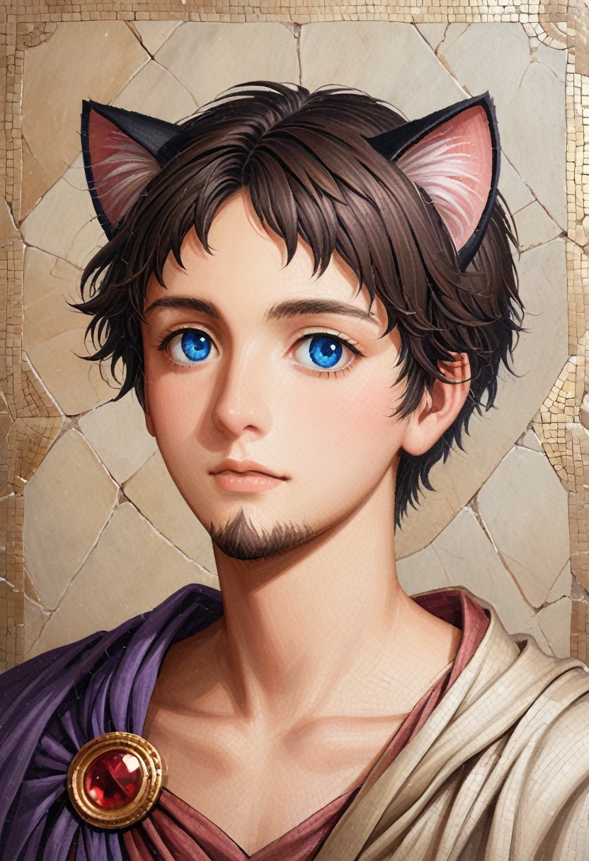 detailed illustration, dynamic angle, ultra-detailed, illustration, clean line art, shading, anime, detailed eyes, detailed face, beautiful face, dramatic lighting, detailed illustration, dynamic angle, ultra-detailed, illustration, masterpiece, masterwork, beautiful, blue eyes, whole body shot
Neko, cat boy, dressed in purple silk robes, gold leaf inlay mosaic, Byzantine mosaic, has a beard, cat ears, cat tail, cat eyes, Byzantine monk