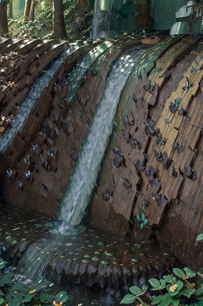 high quality masterpiece) (very detailed:1.6) 16k, 32k, (forest waterfall:1.6) (intricate background details:1.6 mountain rocks flowers plants small rivers trees birds squirrels butterflies)waterfall yes edited shape lafadz " ALLAHU". writing focus. real
