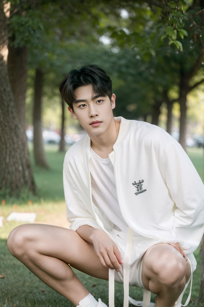 Asian muscular boy sitting on grass, sexy, Dark eyebrows, white shirt, wearing white thong high cut underwaer, white high cut Jockstrap, muscular young male, mid shot portrait, high quality portrait, Attractive pose, cute young man, gorgeous young model, portrait a 25 - year - old boy, casual photography, Realistic. Cheng Yi, cute young man, ((wearing micro string thong))