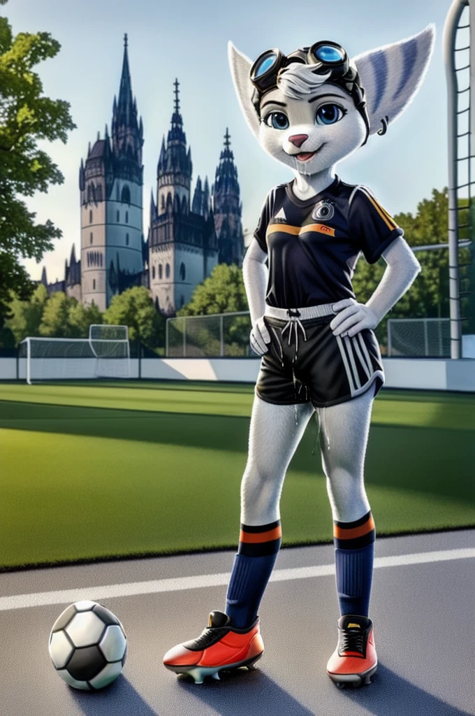 Rivet, tail, furry girl, 1girl, solo, young, (((Germany soccer shorts))), (((Germany soccer shirt))), (((Germany soccer shoes))), standing inside city park, detailed body fur, detailed body, detailed eyes, detailed face, athletic, skinny, high quality, masterpiece, small breasts, goggles, :D, looking at you, full body, ((good lighting on crotch)), (aroused), (horny), (bedroom eyes), ((vaginal juice dripping from crotch))