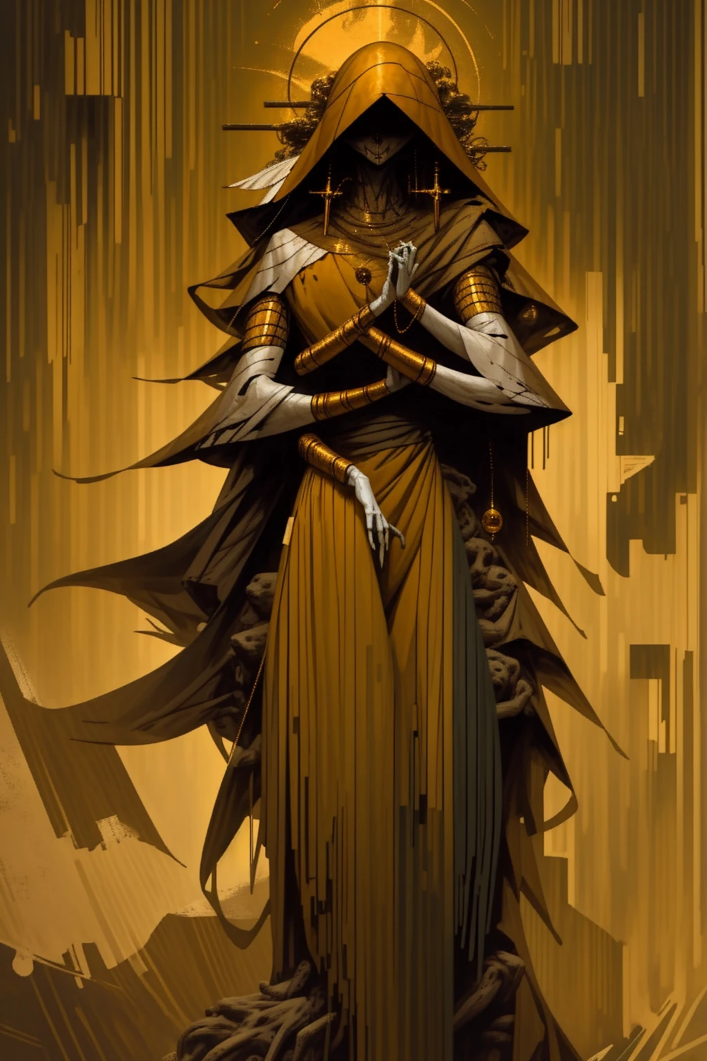 a tall menacing figure, wide shoulders, frail body, gaunt, body is withering/decaying, covered head to toe in a tattered yellow cloak, yellow cloak covering whole body except forearms, tattered yellow hood over the head, scrappy yellow veil covering entire face, face completely (concealed), can't see face, old yellow stained bandage wraps loosely cover arms, many golden bangles all over both forearms, covered in golden jewelry, old decrepit hands, hands hovering just over the naval, hands are steepling together, a giant golden sunset behind them,