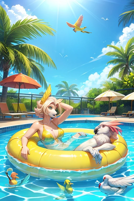 Zsa Zsa, the female anthropomorphic Vain Sulphur-Crested Cockatoo in her yellow bikini is floating on her inflatable donut innertube in her private swimming pool, with her Budgie birdies watching her from the poolside.