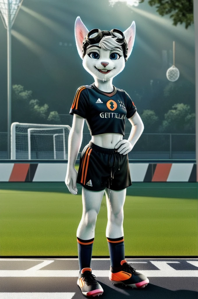 Rivet, tail, furry girl, 1girl, solo, young, (((Germany soccer shorts))), (((Germany soccer shirt))), (((Germany soccer shoes))), standing inside city park, detailed body fur, detailed body, detailed eyes, detailed face, athletic, skinny, high quality, masterpiece, small breasts, goggles, :D, looking at you, full body, ((good lighting on crotch)), (aroused), (horny), (bedroom eyes), ((vaginal juice dripping from crotch))