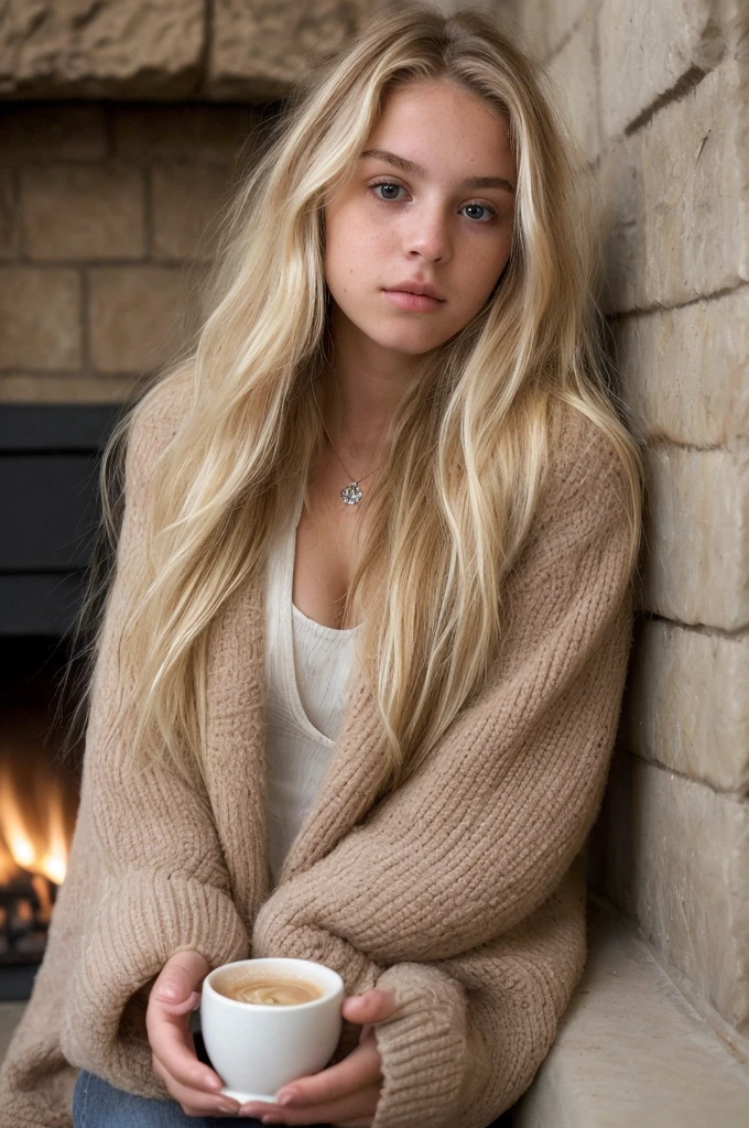 A 18-year-old blonde woman, ((hiperrealismo))textured skin,goosebumps, perfect eyes. Blonde hair with light brown roots. cabello rubio, Hair with brown roots, extra long hair, really long hair. photo taken with iPhone, cleavage, Porta 160 color. Having coffee next to the fireplace, wearing fluffy fluffy jacket, back view
