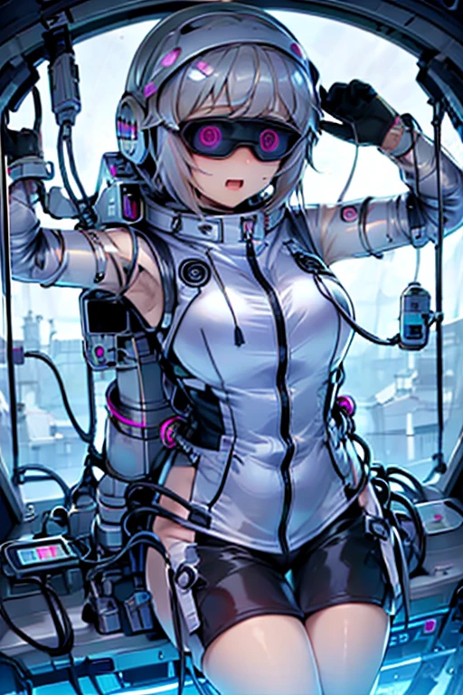 1 Girl, whole body, (space helmet):10,He has a large metal helmet on his head that covers his hair and eyes., tube, wire, She gets electrocuted, brainwashing,astrovest,bing_astronaut,blush,torogao,