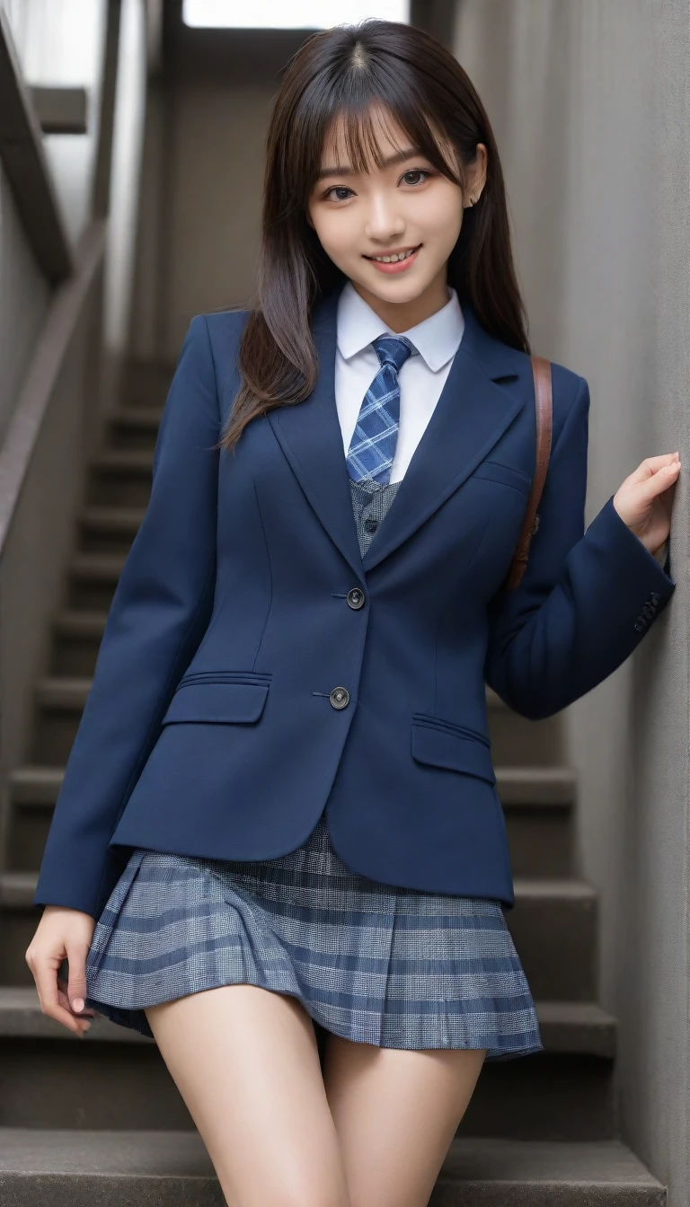 8K, Ultra-high resolution, Highest quality, masterpiece, 三分割法によるphotograph,Surreal, photograph, 1 Girl, (16 years old:1.3), pretty girl, Cute face, Beautiful eyes in every detail, 細かくdetailedに,masterpiece,, One Girl:1.2, Japan Female Announcer,full body,from below,from behind,((very small head:1.3)),Center-parted bangs,amount,Black Hair,Long Hair,Iris,Gorgeous eyes,smile,((Toned body,Slender body,skinny)),(school uniform、Dark blue blazer jacket、Navy blue tie、Grey plaid pleated mini skirt,Loafers),振り返ってsmile,Glowing Skin,Shiny skin,Climbing the stairs,Fire escape in a building,Beautiful leg line beauty,Captivating thighs,Full of sex appeal,Sensual,屈託のないsmile,Heal the heart,Low ponytail、beauty,Long neck、Laugh a little、Please close your mouth and laugh、(((Ideal body type))),A cup small breasts :2,、Portraiture:2、Perfect Anatomy、鮮明なdetailed、detailed、Surreal、Light and shadow,Strong light